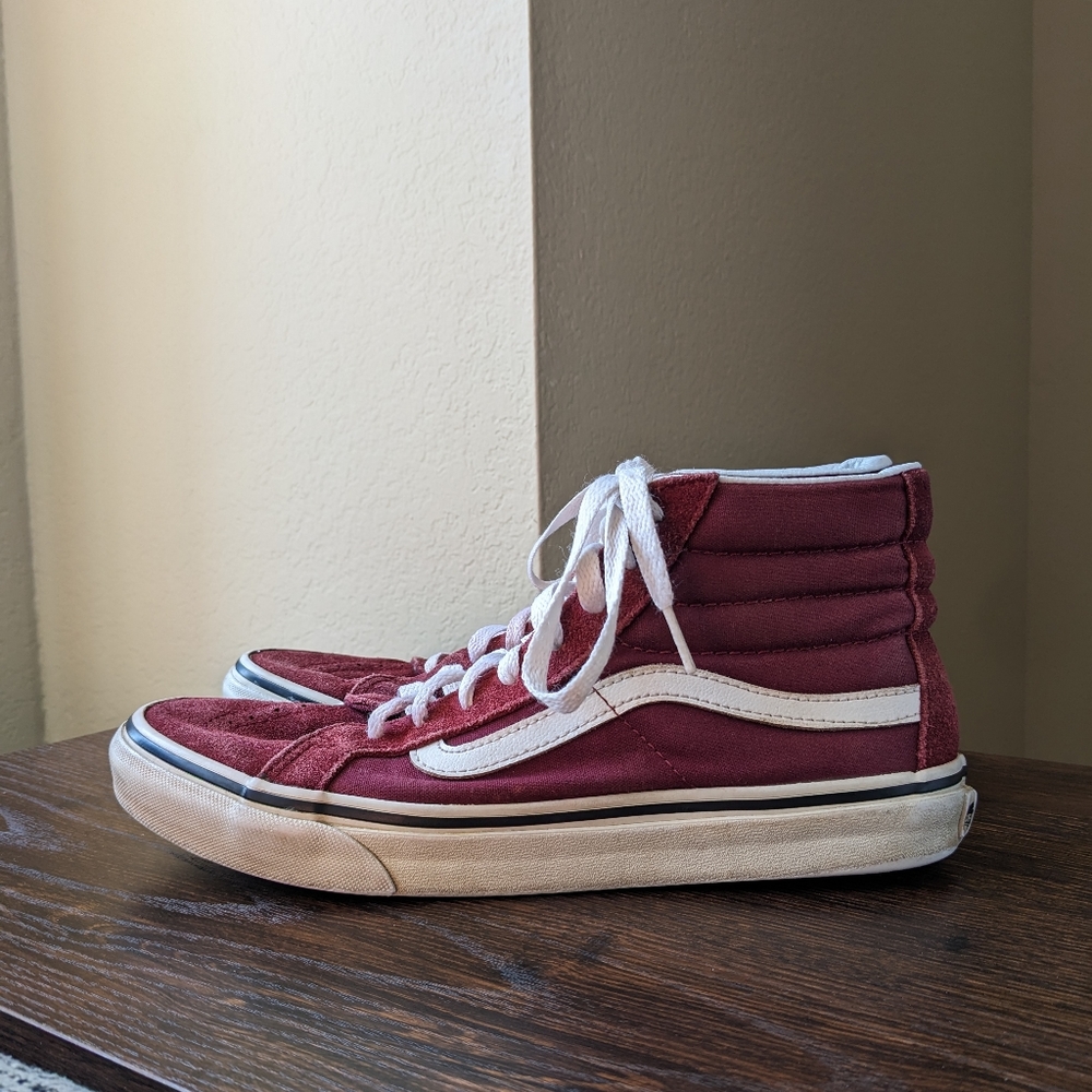 Vans Sk8-Hi Off the Wall Red Maroon Suede Canvas White Leather Sneakers Shoes